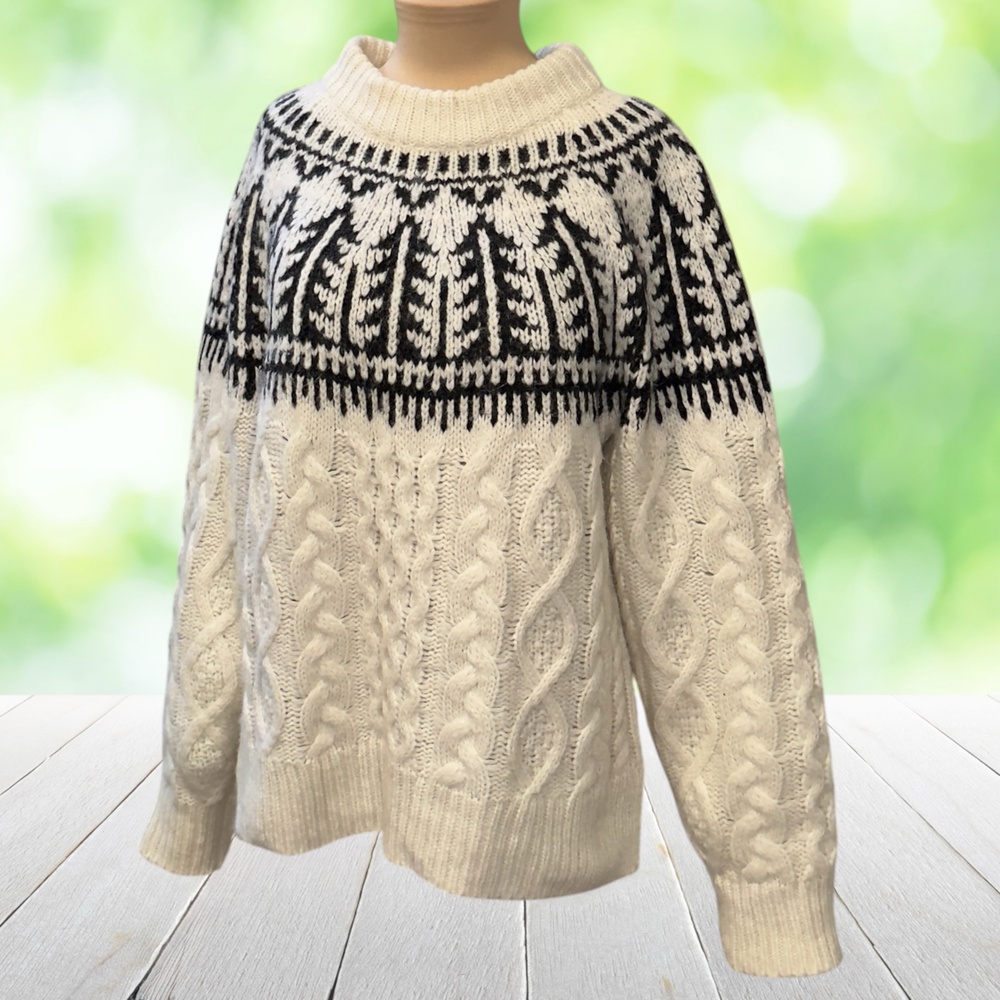 FAHERTY 70% Baby Alpaca Sweater Fair Isle Nordic Cable Knit Mock Neck SOFT Sz M